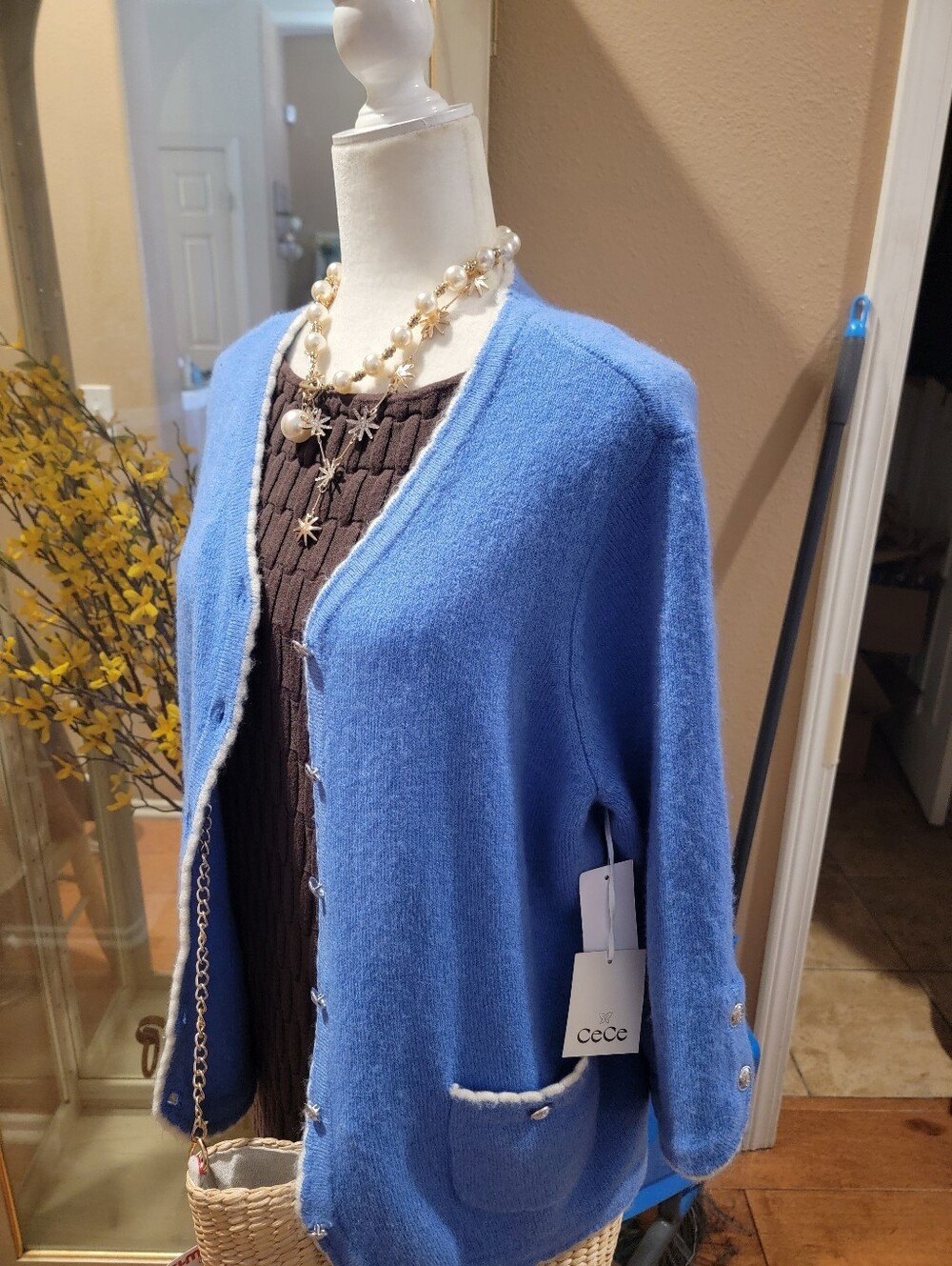 CeCe Cornflower Blue V-Neck Trim Wool-Blend Cardigan